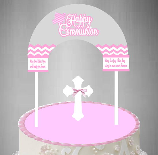 Communion Grey Pink Cake Decoration Banner Topper