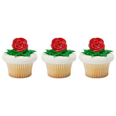 Red Rose Cupcake - Desert - Food Decoration Topper Rings 12ct