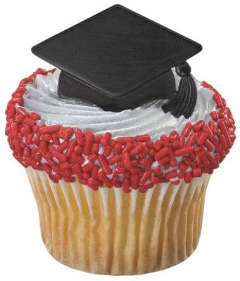 Black Grad Cap Cupcake - Desert - Food Decoration Topper Rings 12ct
