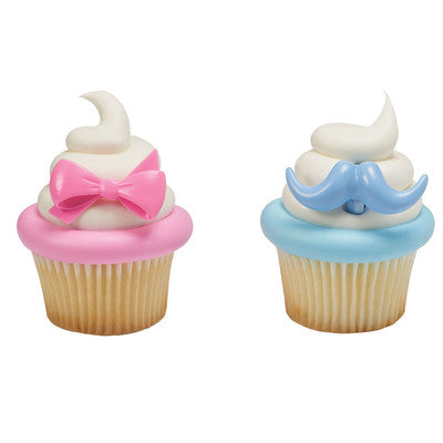 Bow and Mustache Cupcake - Desert - Food Decoration Topper Rings 12ct