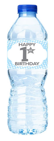 Happy 1st Birthday-Blue Polka Dot-Personalized Water Bottle Labels-12pack