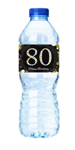 Happy 80th Birthday-Black&Gold Personalized Water Bottle Labels-12pack