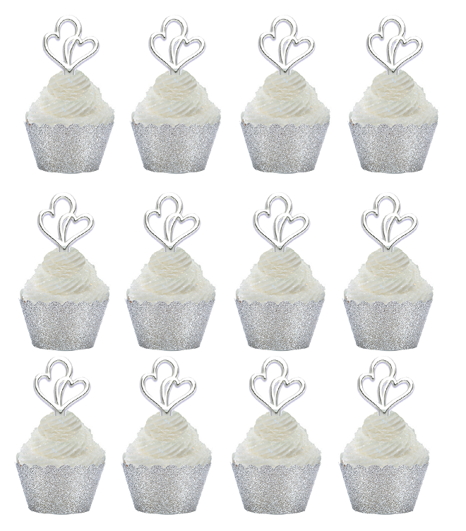12pk Double Heart Wedding Bridal Shower Cupcake Toppers w Silver Glitter Wrappers