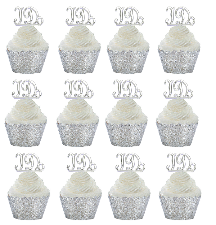24pk I do Ring Wedding Bridal Shower Cupcake Toppers w Silver Glitter Wrappers