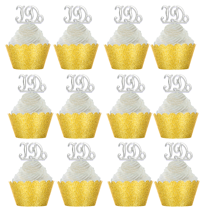 12pk I Do Wedding Bridal Shower Cupcake Toppers  w Gold Glitter Wrappers