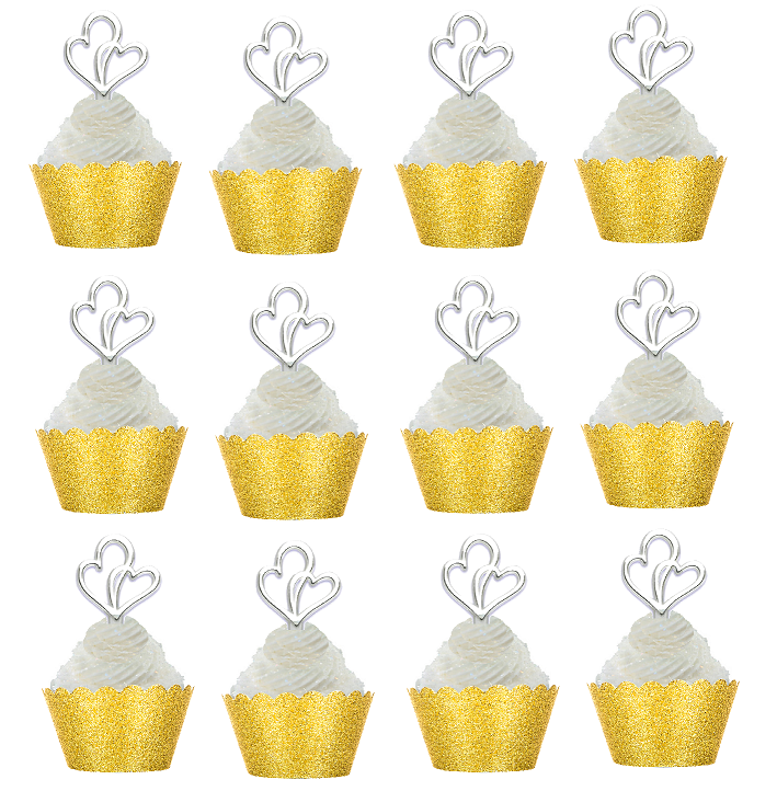 24pk Double Heart Wedding Bridal Shower Cupcake Toppers  w Gold Glitter Wrappers