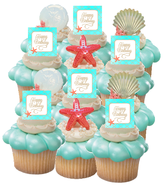 12pack Happy Birthday Beach Sand Seashells Cupcake Decoration Toppers