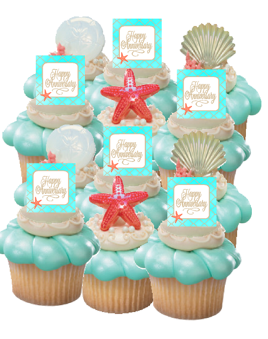 12pack Happy Anniversary Beach Sand Seashells Cupcake Decoration Toppers
