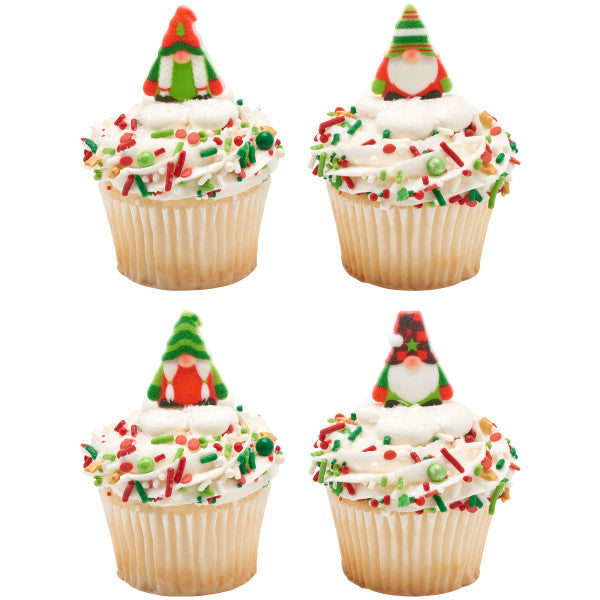 Christmas Holiday Gnomes Edible Dessert Toppers Cake Cupcake Sugar Icing Decorations  -12ct