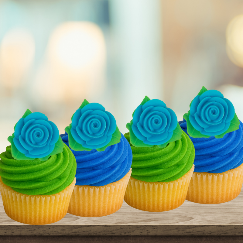 12-Pack Edible Blue Rose Toppers with Leaves