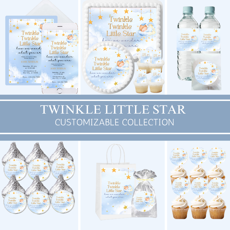 Blue Twinkle Little Star  Party Collection | Edible Cake Toppers, Cupcake Picks, Labels & Favor Bags