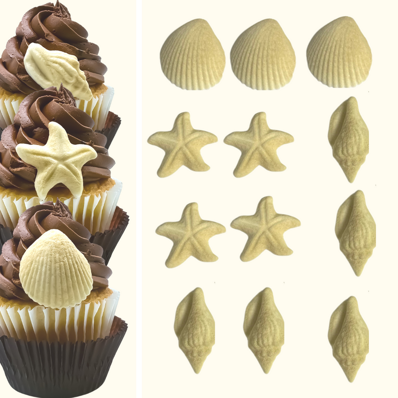 Tan Beach Seashells and Starfish Edible Dessert Toppers Cake Cupcake Sugar Icing Decorations -12ct