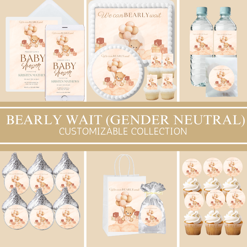 Bearly Wait Gender Neutral Party Collection | Edible Cake Toppers, Cupcake Picks, Labels & Favor Bags