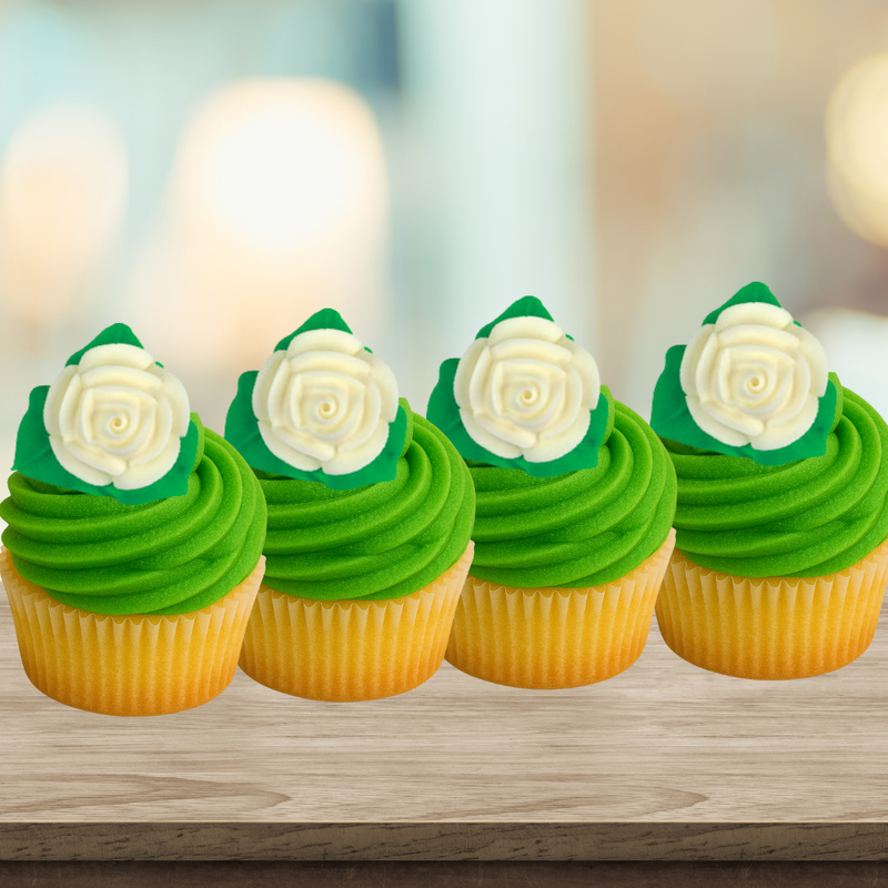12-Pack Edible White Rose Toppers with Leaves