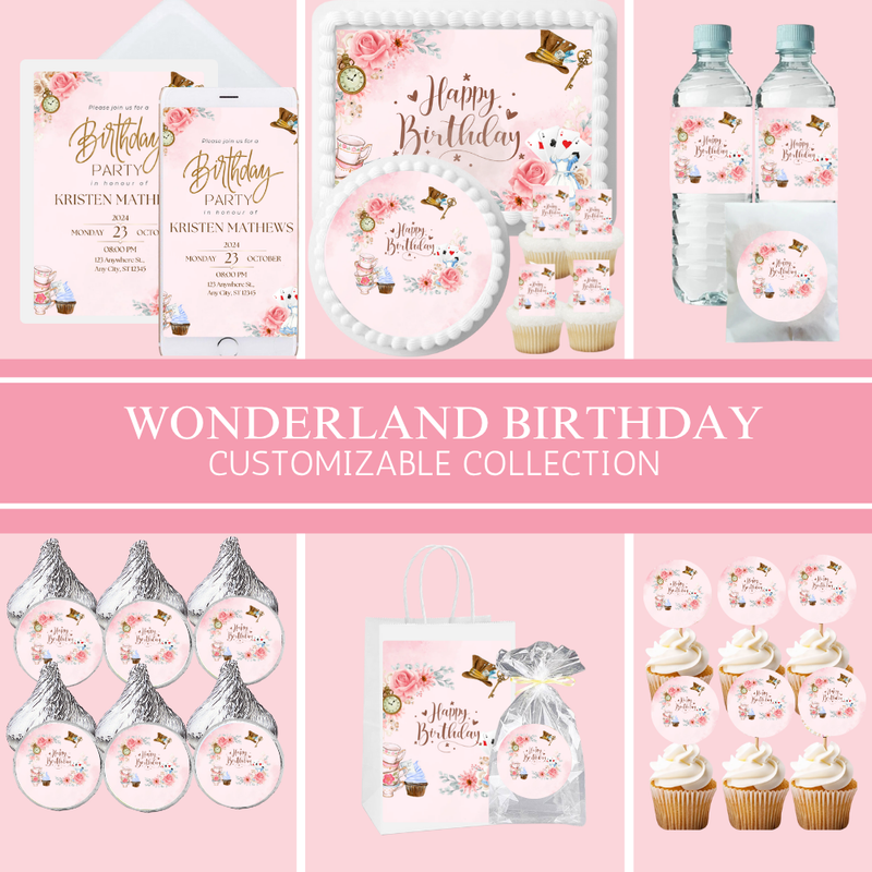 Wonderland Birthday Party Collection | Edible Cake Toppers, Cupcake Picks, Labels & Favor Bags