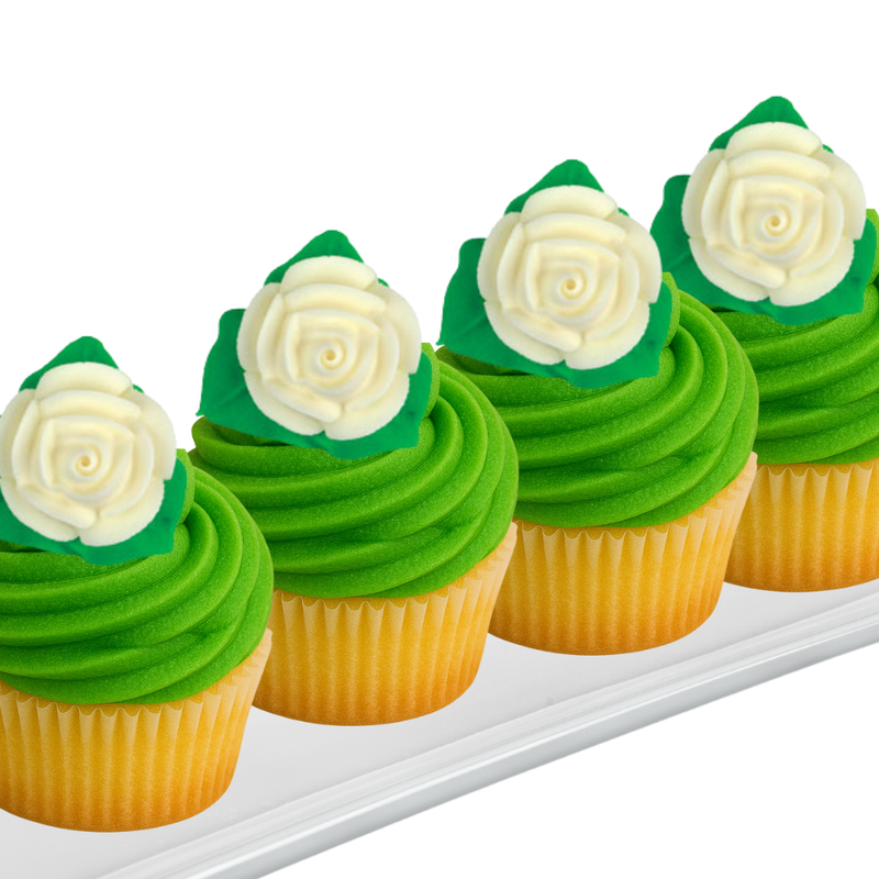 12-Pack Edible White Rose Toppers with Leaves