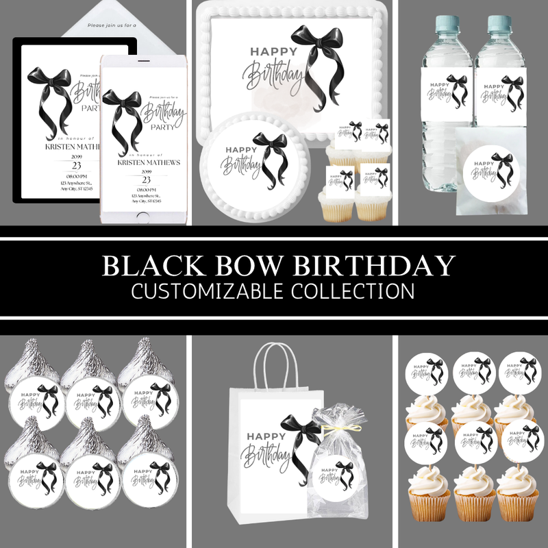 Black Bow Birthday Party Collection | Edible Cake Toppers, Cupcake Picks, Labels & Favor Bags