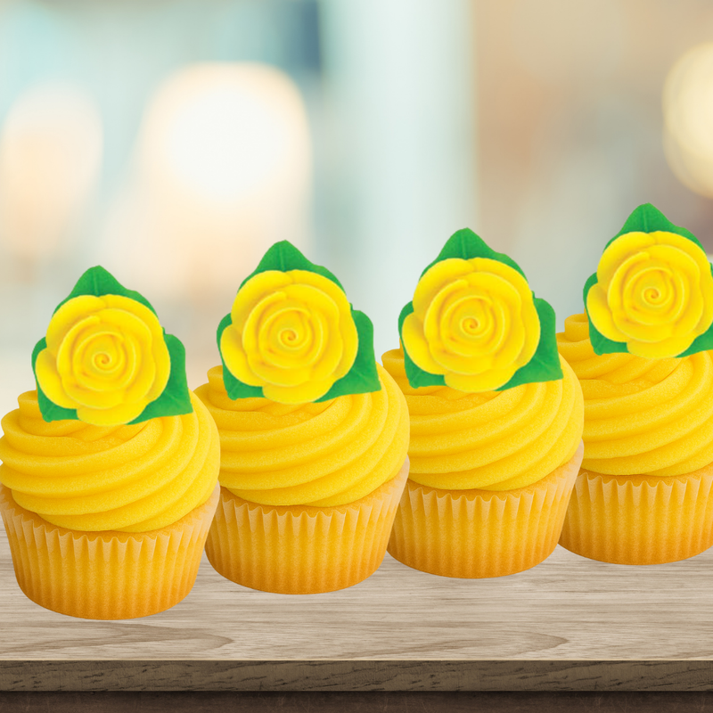 12-Pack Edible Yellow Rose Toppers with Leaves