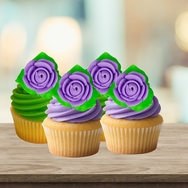 12-Pack Edible Purple Rose Toppers with Leaves