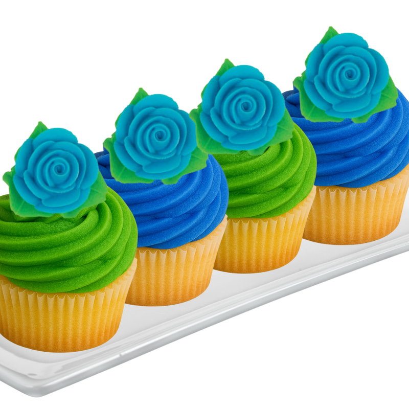 12-Pack Edible Blue Rose Toppers with Leaves