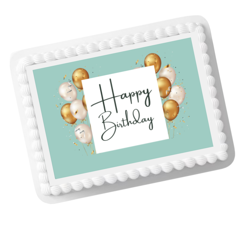 Teal & Gold Balloons Happy Birthday Edible Cake Topper – 8x10 Frosting Sheet | Celebration Cake Decoration