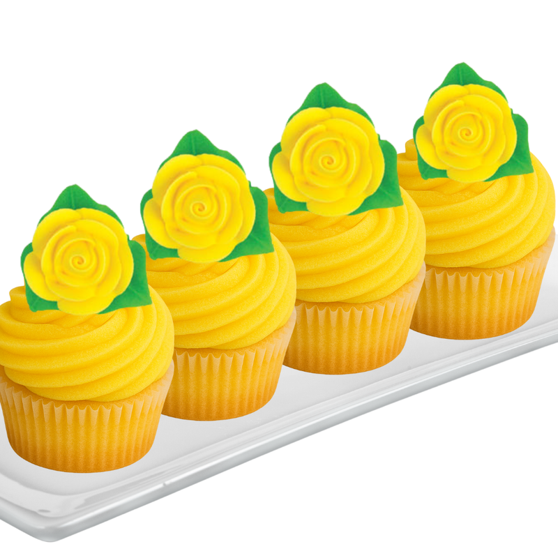 12-Pack Edible Yellow Rose Toppers with Leaves