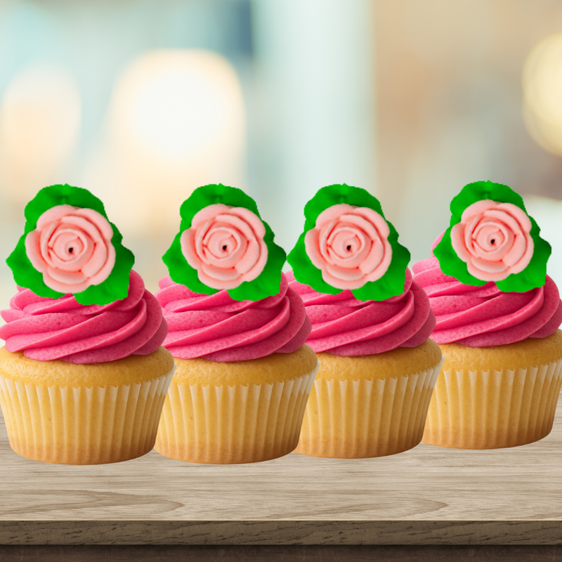 12-Pack Edible Pink Rose Toppers with Leaves