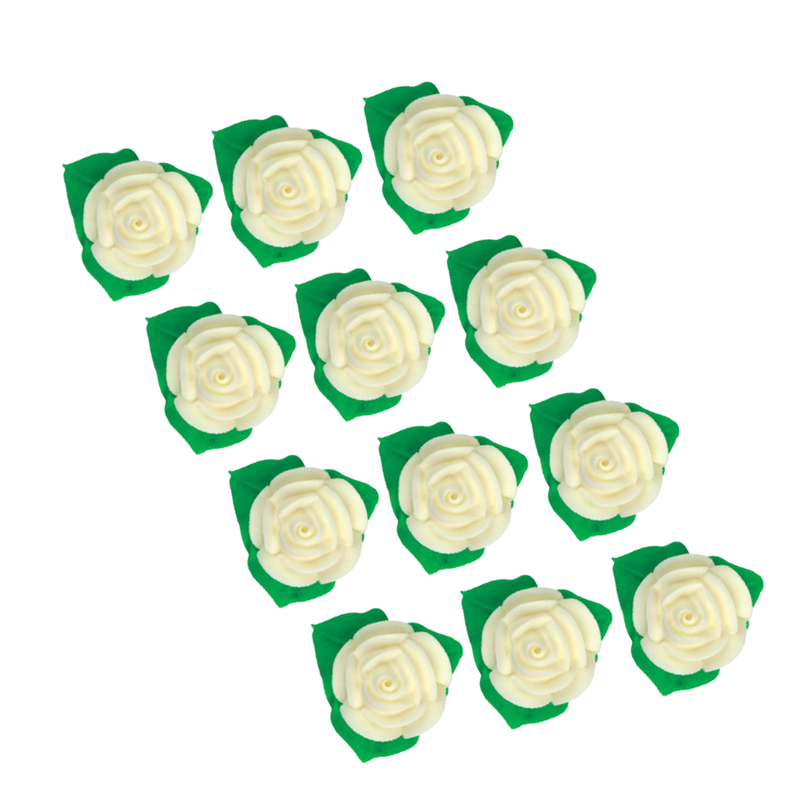 12-Pack Edible White Rose Toppers with Leaves