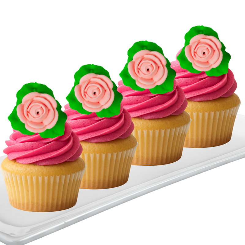 12-Pack Edible Pink Rose Toppers with Leaves