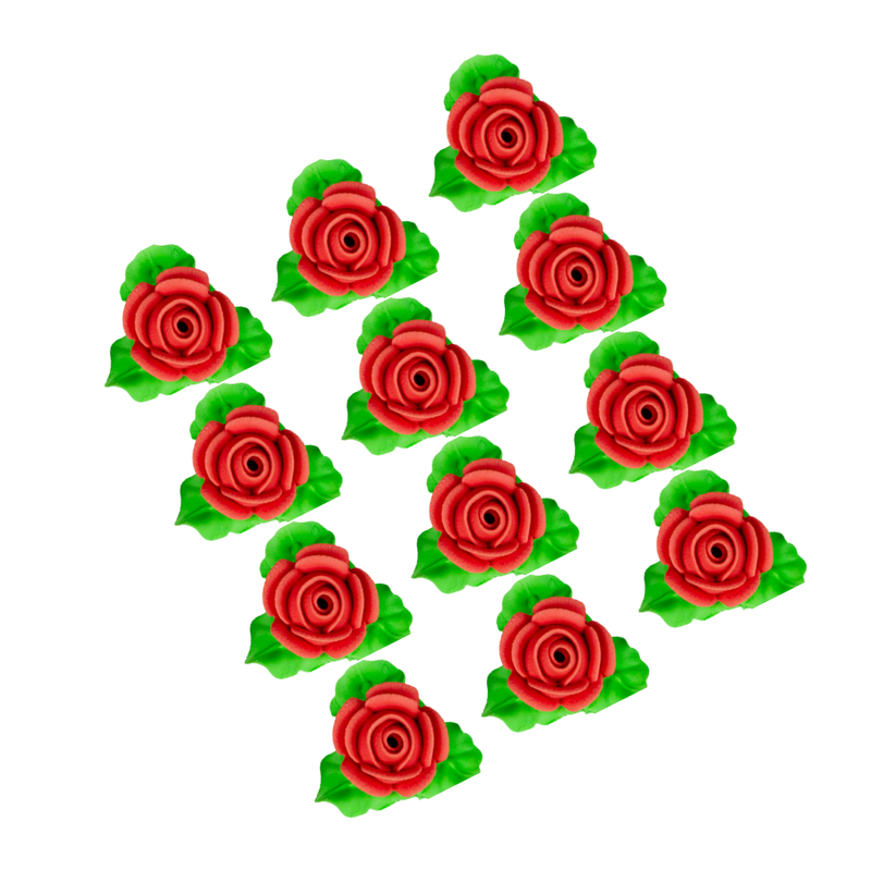 12-Pack Edible Red Rose Toppers with Leaves