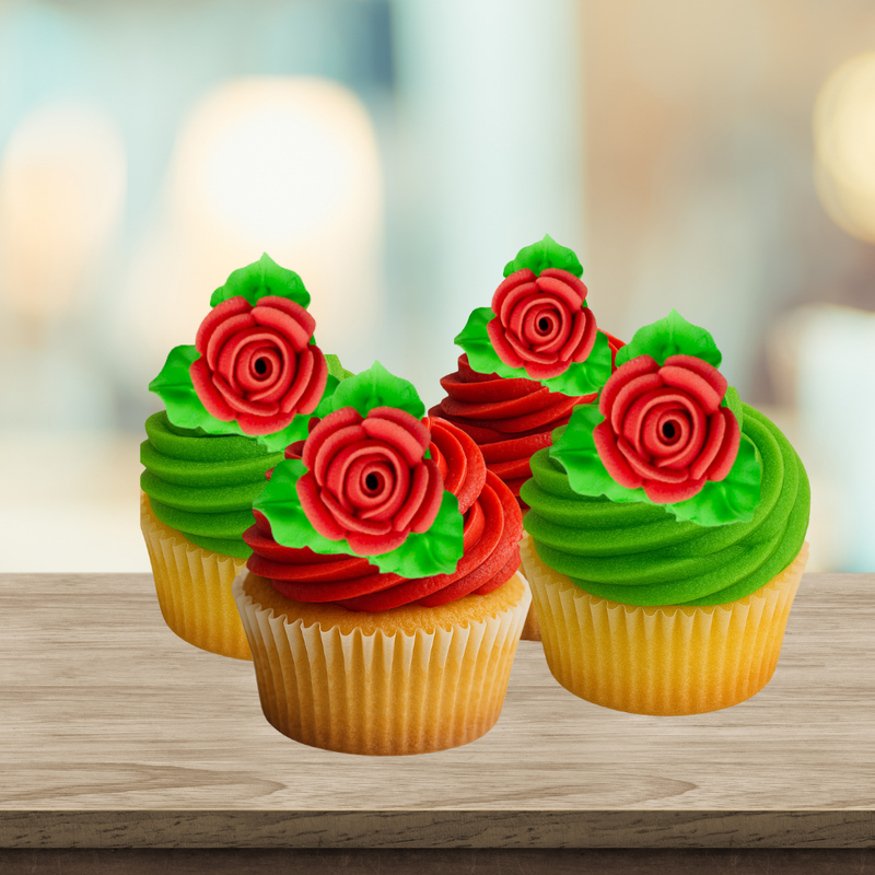 12-Pack Edible Red Rose Toppers with Leaves