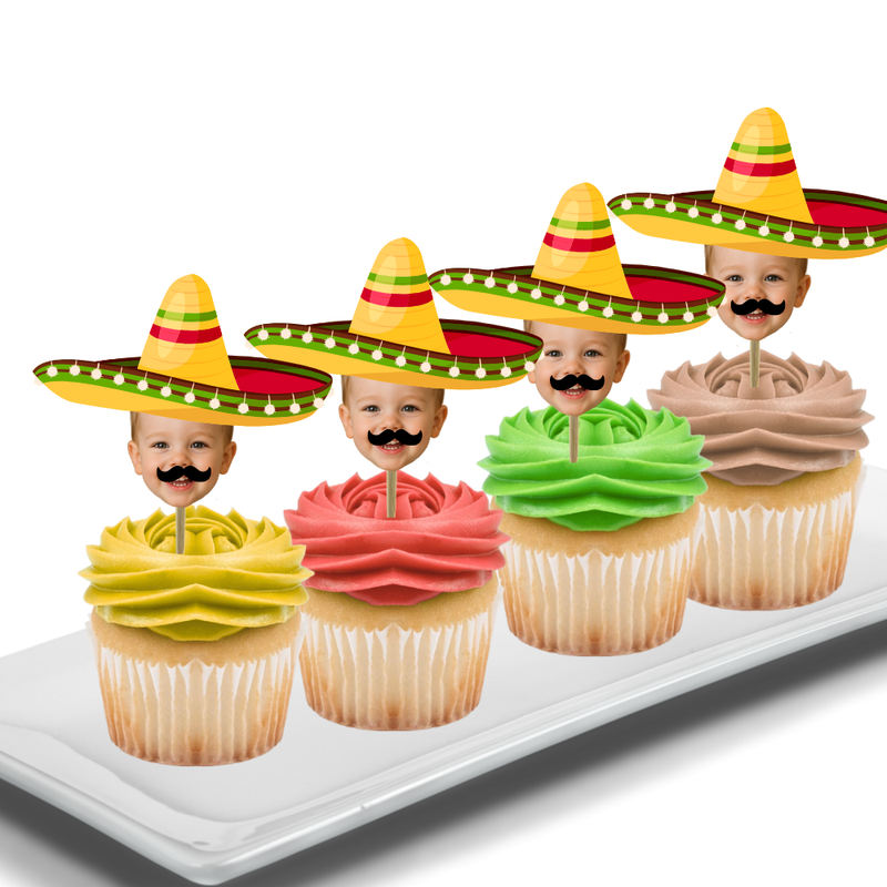 Sombrero  Birthday Hat Your Photo Face Cupcake Toppers -Set 12