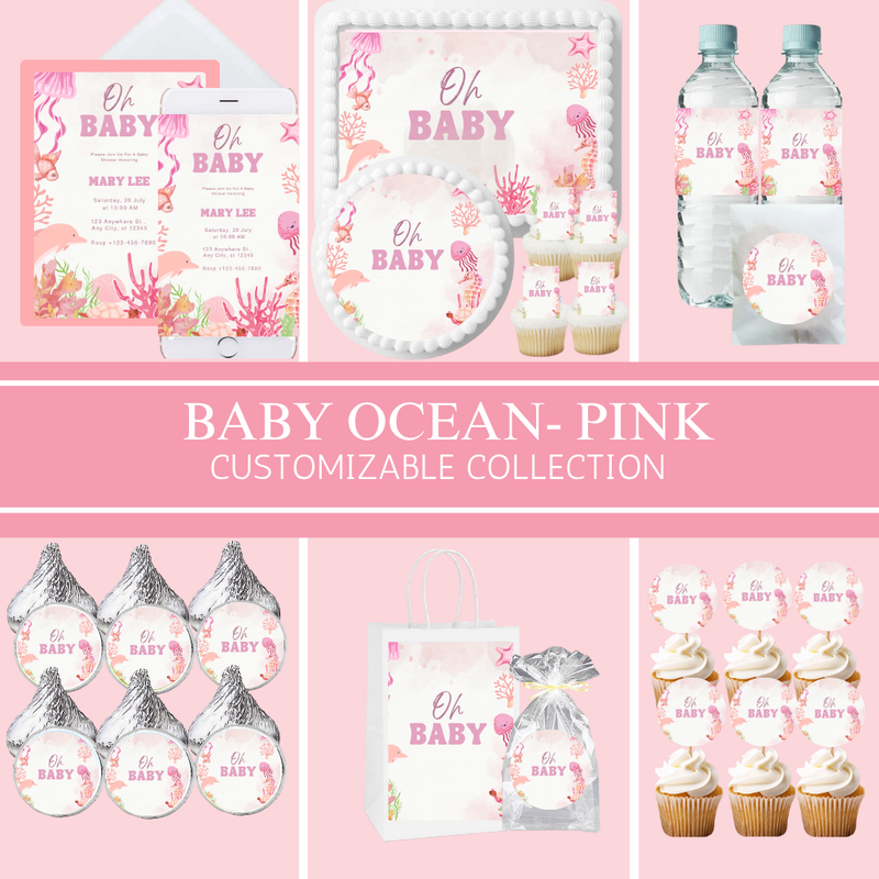 Baby Ocean Pink  Party Collection | Edible Cake Toppers, Cupcake Picks, Labels & Favor Bags
