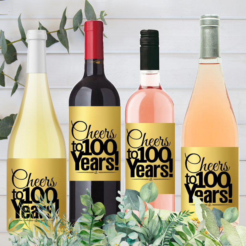 100th Birthday - Anniversary Cheers Metallic Gold Wine Bottle Labels-8ct