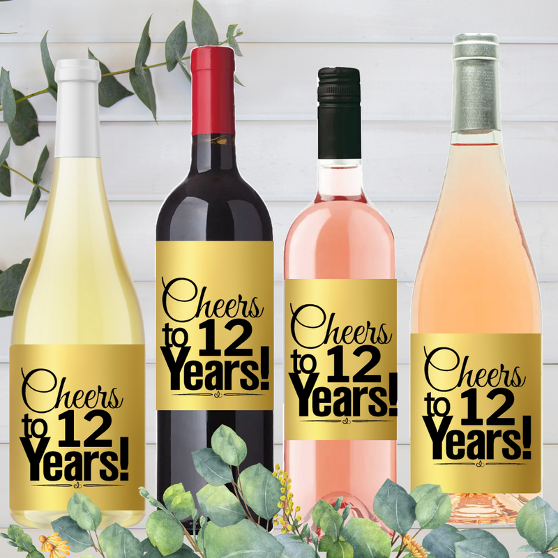 12th Birthday - Anniversary Cheers Metallic Gold Wine Bottle Decorative Stickers / Labels-8ct