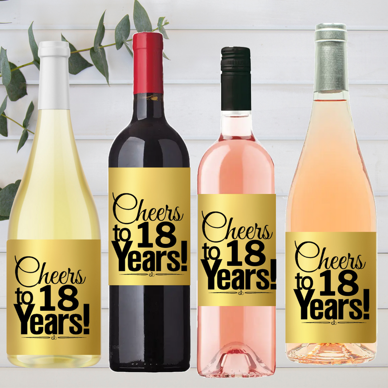 18th Birthday - Anniversary Cheers Metallic Gold Wine Bottle Decorative Stickers / Labels-8ct
