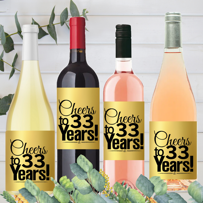 33rd Birthday - Anniversary Cheers Metallic Gold Wine Bottle Decorative Stickers / Labels-8ct