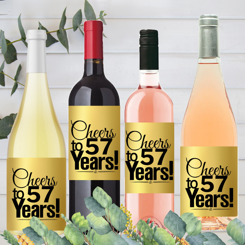 57th Birthday - Anniversary Cheers Metallic Gold Wine Bottle Labels-8ct