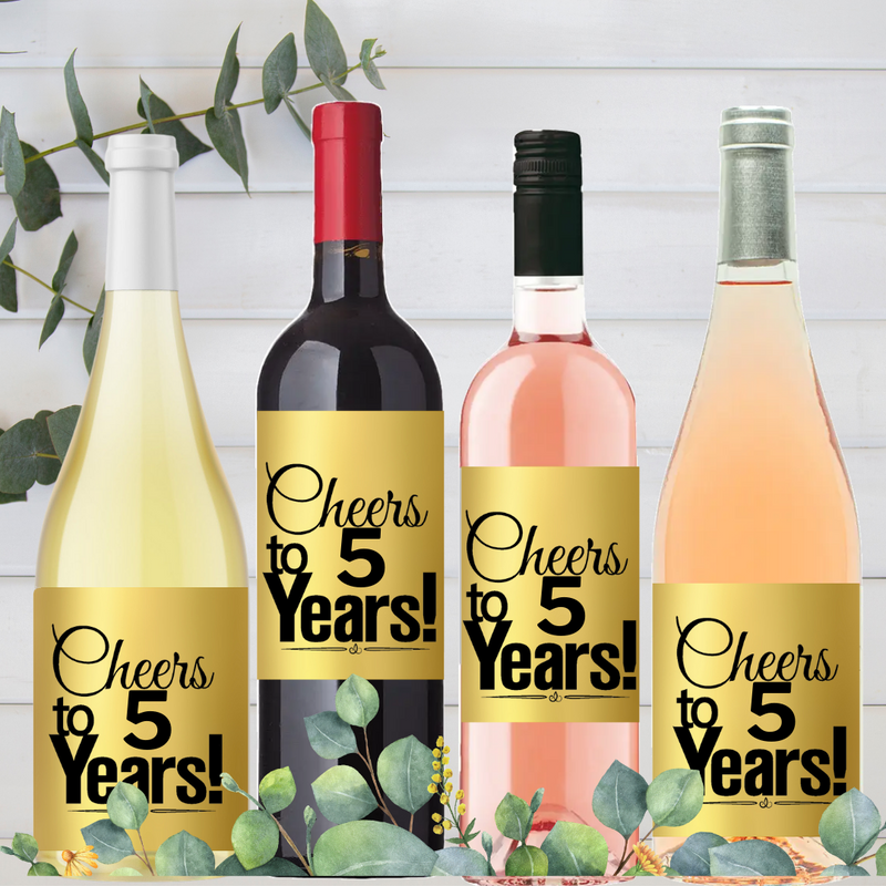 5th Birthday - Anniversary Cheers Metallic Gold Wine Bottle Decorative Stickers / Labels-8ct