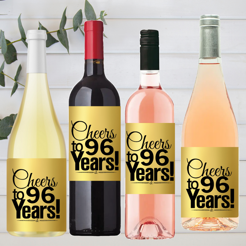96th Birthday - Anniversary Cheers Metallic Gold Wine Bottle Labels-8ct