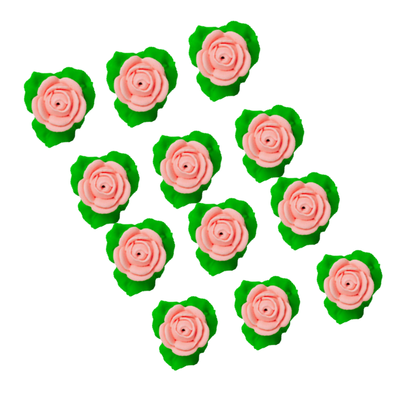 12-Pack Edible Pink Rose Toppers with Leaves