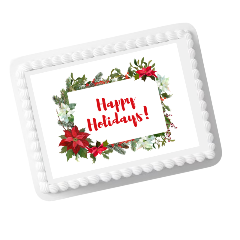 Happy Holiday Wreath and Poinsettia Christmas Edible Cake Topper | 8x10 Frosting Sheet