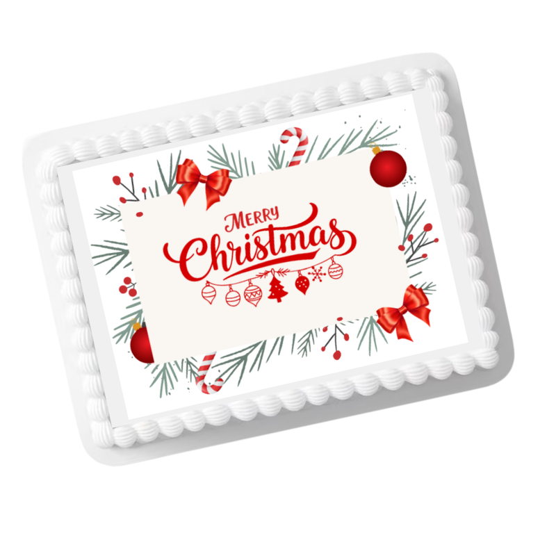 Merry Christmas Wreath Ornaments Edible Cake Topper | 8x10 Frosting Sheet