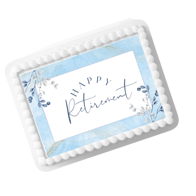Blue Floral Happy Retirement Edible Photo Image Cake Decoration Topper 8x10