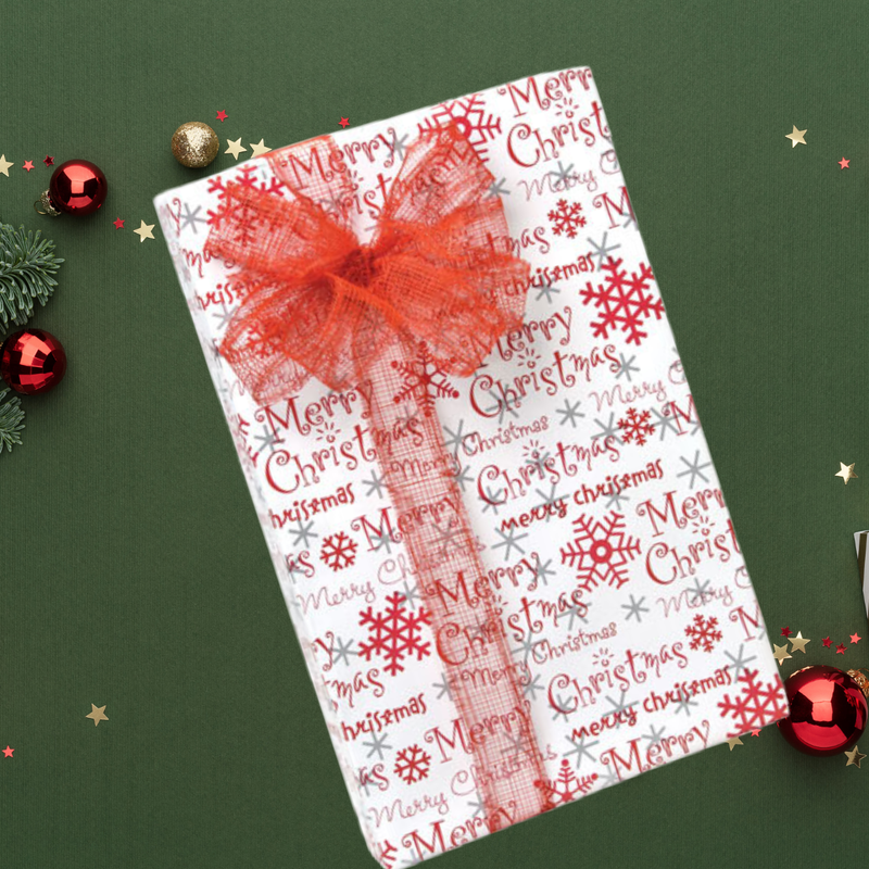 Merry Christmas Script Holiday Gift Wrap with Metallic Silver Accents