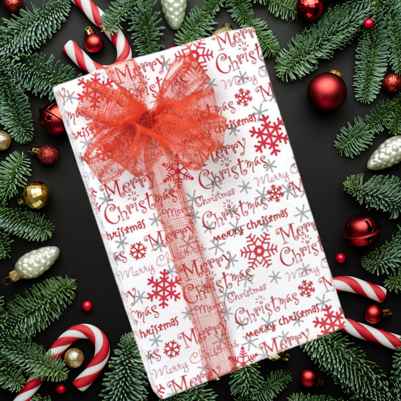 Merry Christmas Script Holiday Gift Wrap with Metallic Silver Accents