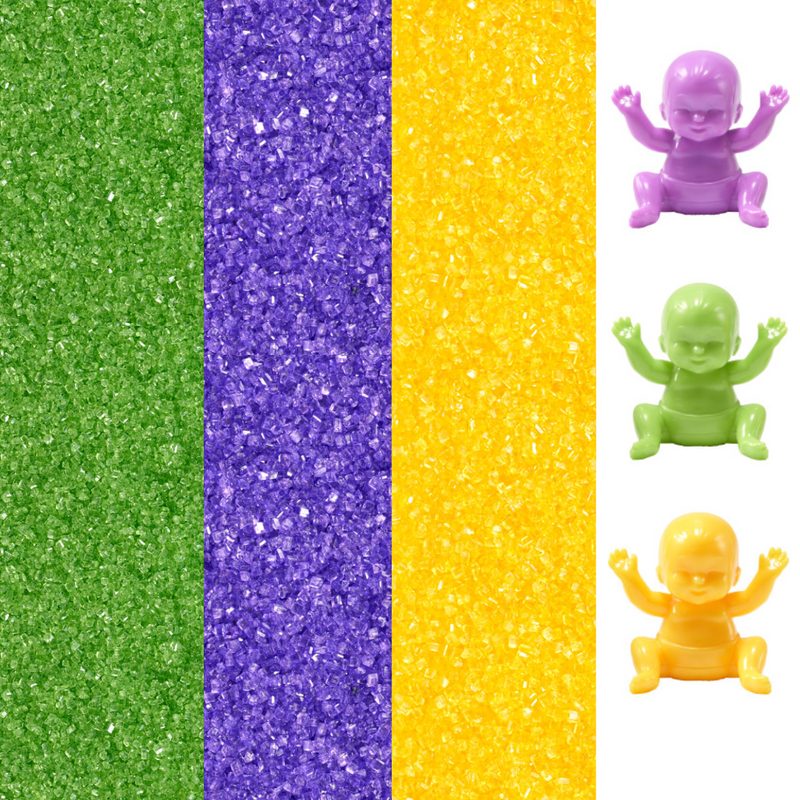 Mardi Gras King Cake Decoration Gift Box Kit Yellow Green Purple Sanding Sugars with King Baby - Colorful