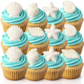 White Beach Seashells & Starfish Edible Dessert Toppers – 12ct Sugar Icing Decorations for Cakes & Cupcakes