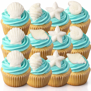 White Beach Seashells & Starfish Edible Dessert Toppers – 12ct Sugar Icing Decorations for Cakes & Cupcakes