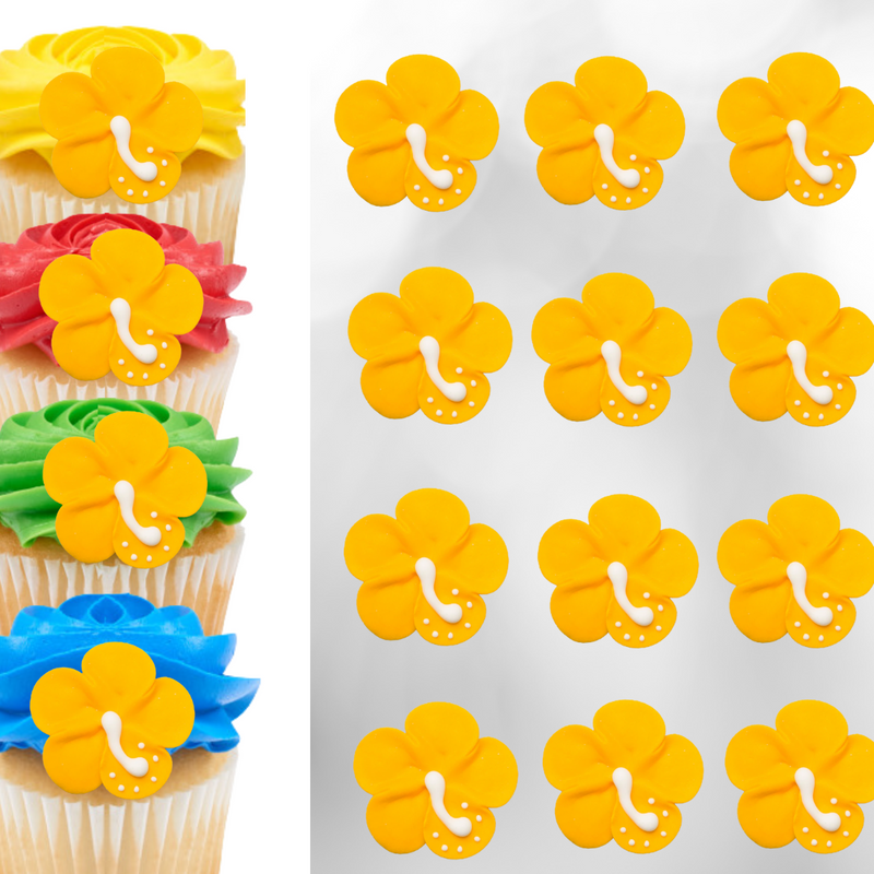 1.75" Royal Hibiscus - Yellow Royal Icing Cake-Cupcake Decorations 12 Ct